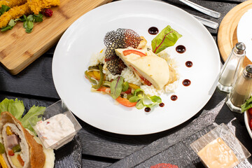 details of tasty brunch with chicken, tomato and desert