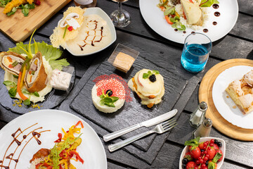 details of tasty brunch with chicken, tomato and desert