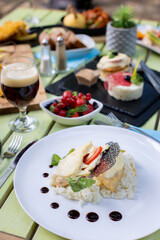 details of tasty brunch with chicken, tomato and desert