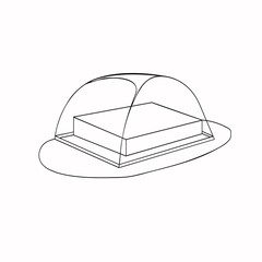 A black and white jpeg illustration of a butter piece in a glass butter box isolated on white background. A design element for prints, projects, as a coloring page for adults and kids.