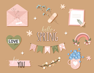 Spring stickers in hand drawn style, envelope with flowers, a rainbow and a cup. Vector stock illustration