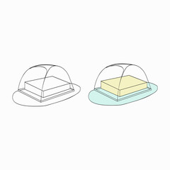 A vector illustration of two butter pieces in butter box with a glass covers isolated on white background. Designed in yellow, light green colors for prints, projects, as a coloring page for adults an