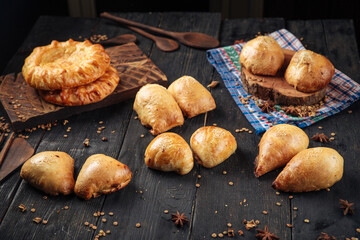 Variety of uzbek national baked samsa pies with different fillings