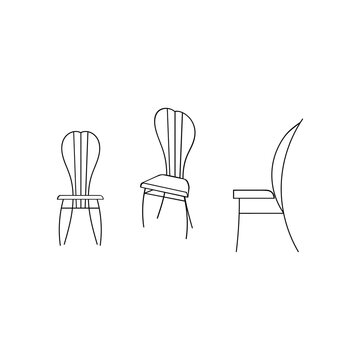A black and white jpeg illustration of 3 chairs in different positions isolated on white background. Design elements for projects and interior plans, prints.