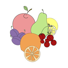 A vector illustration of plums, cherries, pears, apples, oranges, lemons, citrus slices isolated on white background. A design element for prints, backgrounds for adults and kids.