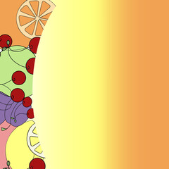 A vector illustration of fruits cut out on the left part of the image on orange and yellow gradient background. A design element for prints, backgrounds for adults and kids.