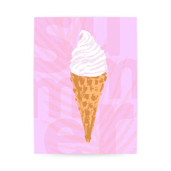 Hand drawn ice cream cone on abstract pink background