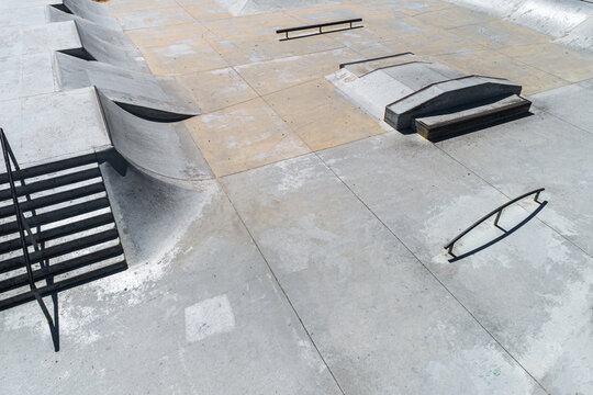 Aerial over concrete empty skate park