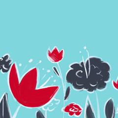 Flowers close-up floral background cyan color. Abstract tulips, peonies, meadow flowers landscape banner, poster, print. Botanical illustration with white outlines. Digital art oil brush.