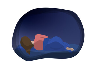 Depressed woman is lying on bed. Flat style vector illustration of mood disorders for psychological and health articles, banners and posters.
