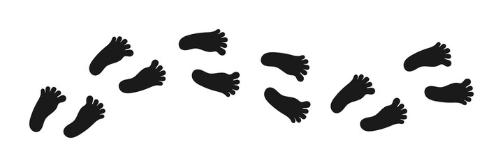 Line of foot black icon set. Foot trail. Bare human footprints track. Vector illustration.