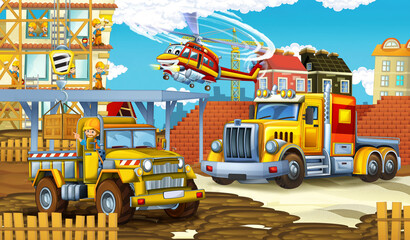 cartoon scene construction site cars and helicopter