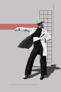 Poster with young attractive woman in constructivism style