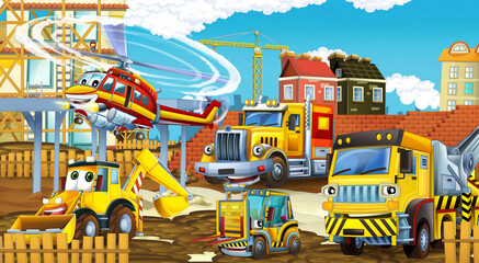 Obraz na płótnie Canvas cartoon scene construction site cars and helicopter