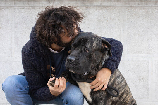 Outdoor portrait of a man and his pet friend, Cane Corso dog