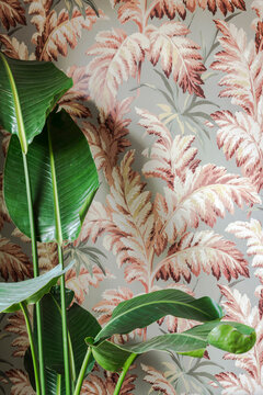 fake plant and retro wallpaper