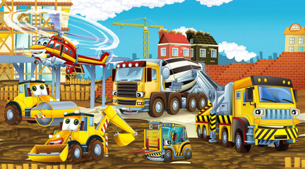 cartoon scene construction site cars and helicopter