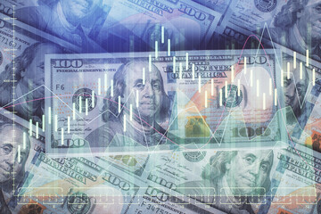 Multi exposure of forex chart drawing over us dollars bill background. Concept of financial success...