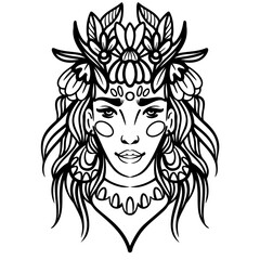 Stylized portrait of a beautiful girl with flowers in her hair drawn by lines. Vector illustration. Minimalistic portrait of a woman in ethnic style.