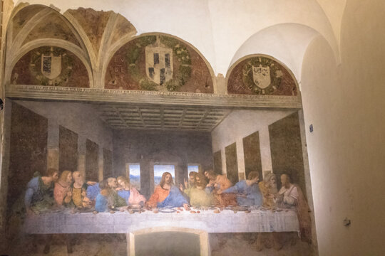 Milan, Italy - November 15, 2016: The Last Supper mural painting, Cenacolo Vinciano, the Milan's famous masterpiece by Leonardo da Vinci from Renaissance after restoration.