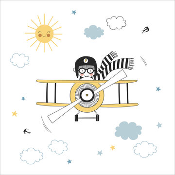 Little Boy Pilot in Airplane vector illustration. Aviator Birthday Party design. Cute cartoon boy kid character fly in retro plane in sunny sky.
