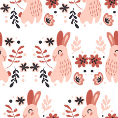 Seamless patter of little bunny. Cartoon character drawn in doodle style. Design for baby clothes, posters, postcards