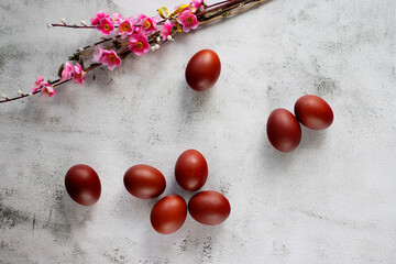 Beautiful branches with bright pink flowers and decorative Easter eggs on a cement background. Easter concept. Top view.