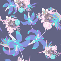 Fototapeta na wymiar Indigo Seamless Botanical. Blue Pattern Vintage. White Tropical Art. Navy Flower Palm. Gray Watercolor Leaf. Decoration Texture. White Summer Illustration.