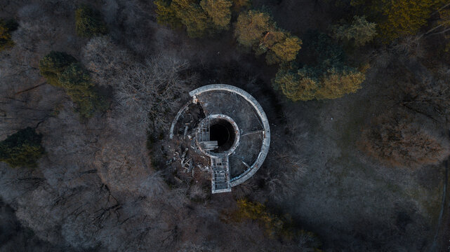 Overhead photo of abandoned tower With Collapsed Roof in remote part of Armenia
