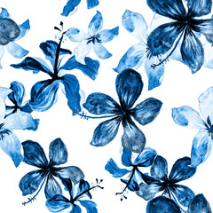 Navy Tropical Exotic. Blue Seamless Botanical. Cobalt Pattern Illustration. White Flower Foliage. Gray Spring Exotic. Azure Flora Plant. Indigo Decoration Texture.