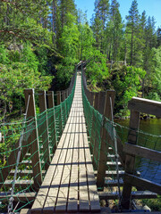 Vertical shot of suspension bridge over Yattumutka river in Oulanka National Park in summer