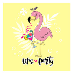Cute summer flamingo is drinking a cocktail and the inscription Let's celebrate on a yellow background. Vector illustration badges