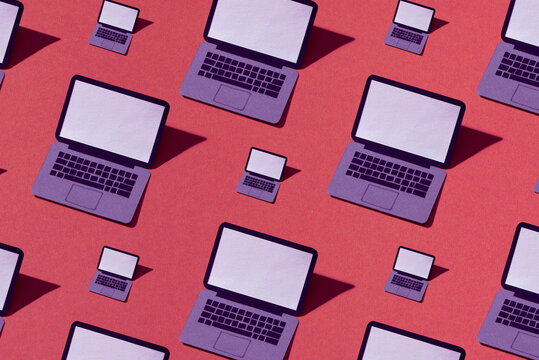 Minimalist diagonal composition of rustic beige handmade paper laptop isolated on color.