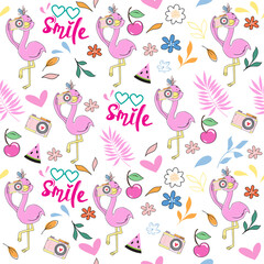 Cute summer stickers with flamingo with camera seamless pattern. Funny cartoon animals for t-shirt design, greeting card, baby shower
