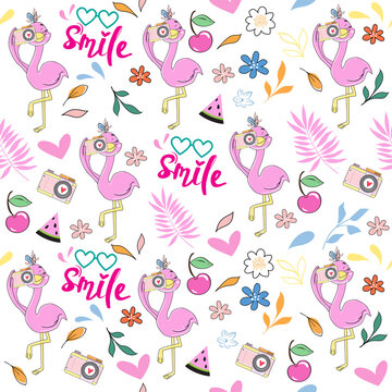Cute summer stickers with flamingo with camera seamless pattern. Funny cartoon animals for t-shirt design, greeting card, baby shower