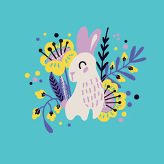 Little white rabbit in a minimalist style with flowers elements. Vector illustration in a flat style. Print for baby clothes, wallpapers, backgrounds, cards and posters