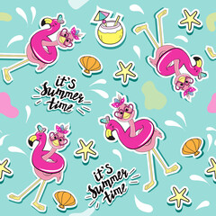 Funny summer flamingo on an inflatable flamingo seamless pattern. Vector illustration. Fashion patches badges