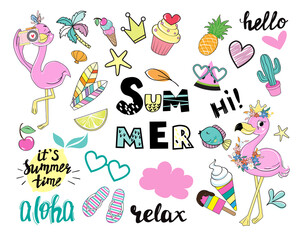 Set of summer flamingos stickers, leaves and summer items. Vector illustration of funny animals for t-shirt
