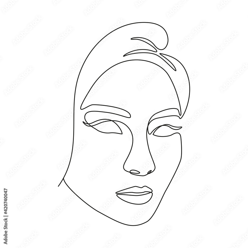 Poster woman face in single line art style. vector continuous one line portrait with abstract gradient brus