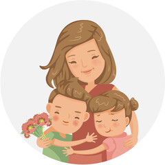 parent and child. 
mother, mom,love, giving, mothers day, card, son, hug, daughter, bouquet, childhood, parent, celebration, woman, child, girl, surprise, greeting, motherhood, holiday,