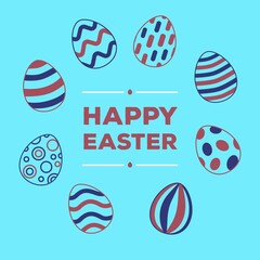 Happy Easter vector holiday banner. Colorful eggs frame isolated on light blue background.