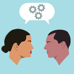 Silhouettes. Portraits. Dialogue. Girl and guy. Conversation. Technical conversation. Gears in dialogue.