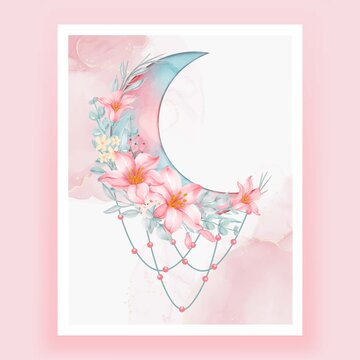 Watercolor half moon with pink peach flower