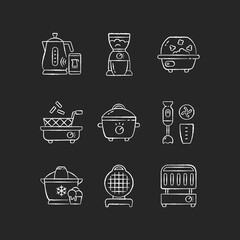 Electric cooking devices chalk white icons set on black background. Coffee grinder. Popcorn maker. Smart kettle. Electronic grill. Ice cream machine. Isolated vector chalkboard illustrations