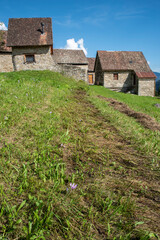 Fototapeta premium Ancient landscapes of Carnia. Stables and hay depots Orias.
