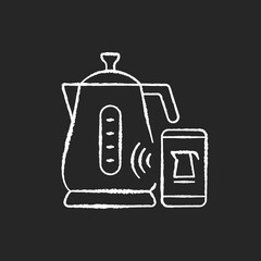 Smart kettle chalk white icon on black background. Device for brewing tea. IoT gadget. Utensil automation. Small kitchen appliance. Innovative technology. Isolated vector chalkboard illustration