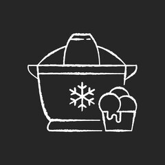 Ice cream maker chalk white icon on black background. Electrical utensil for home treat preparation. Icecream machine for household. Small kitchen appliance. Isolated vector chalkboard illustration