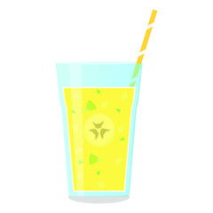 Vector illustration of a glass with a smoothie and fruits slices on white background. Healthy food and drinks. 