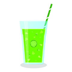 Vector illustration of a glass with a smoothie and vegetables slices on white background. Healthy food and drinks. 