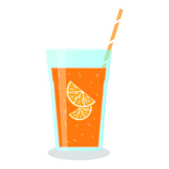 Vector illustration of a glass with a smoothie and fruits slices on white background. Healthy food and drinks. 